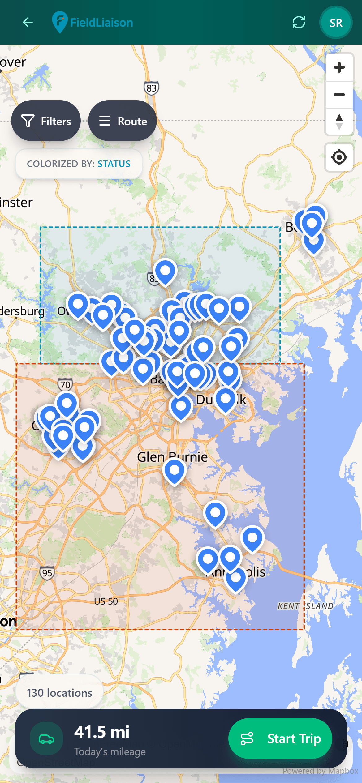 The FieldLiaison territory map on a phone: about fifty clinic pins across the Baltimore–Annapolis corridor, two territory boundaries, and a bar reading 41.5 mi today's mileage with a Start Trip button.